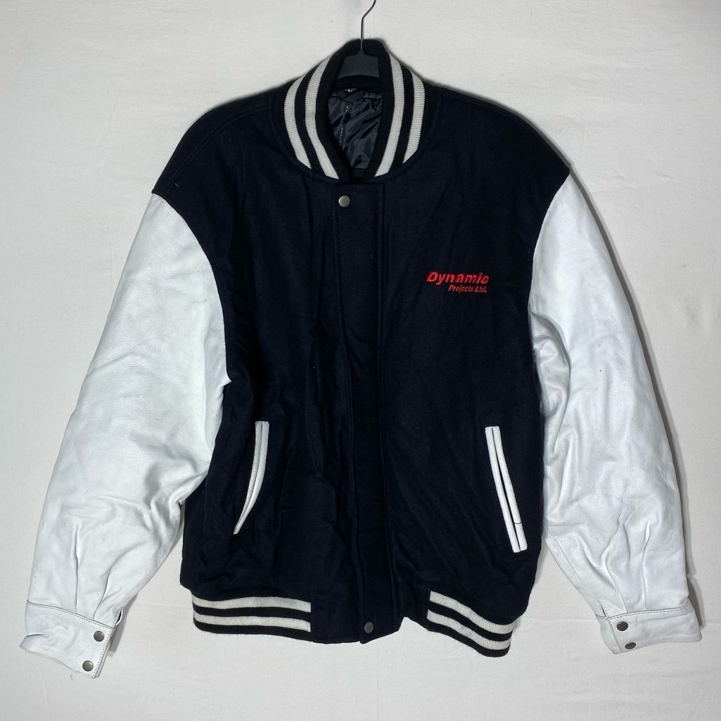 Dynamic Black And White Varsity Jacket W Embroidered Red Logo M